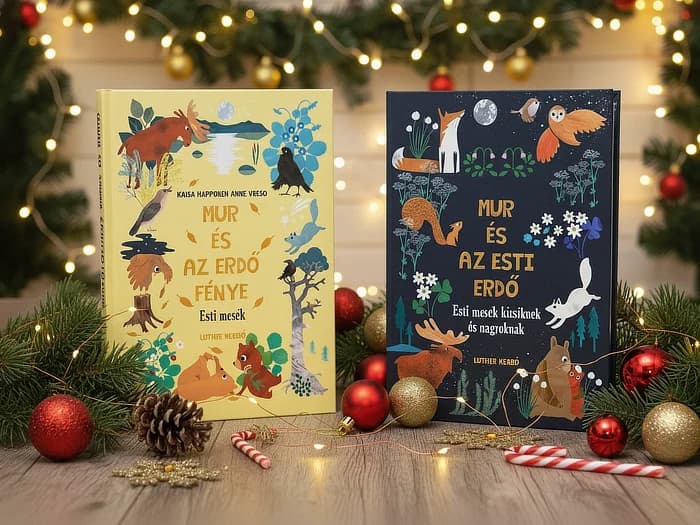 A két Mur mesekönyv, Mur és az erdő fénye és Mur és az esti erdő, karácsonyi díszek között