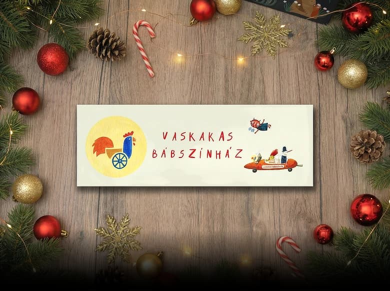 Vaskakas Bábszínház belépőjegy karácsonyi díszek között